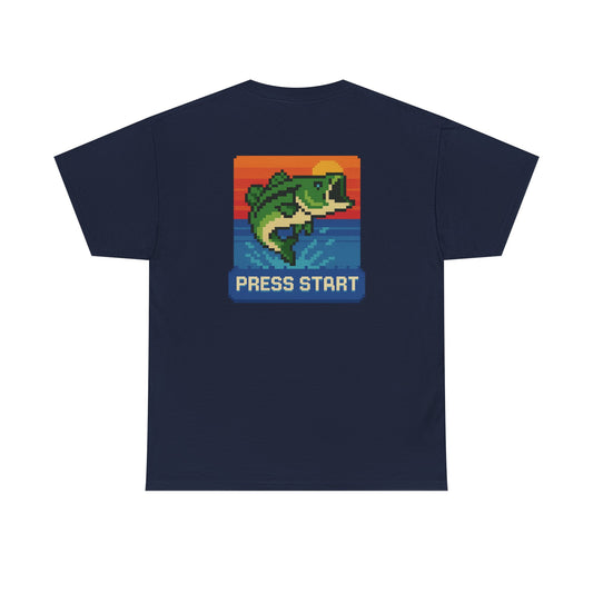 Retro Pixel Bass Fishing T-Shirt – “Press Start” Video Game Style Tee