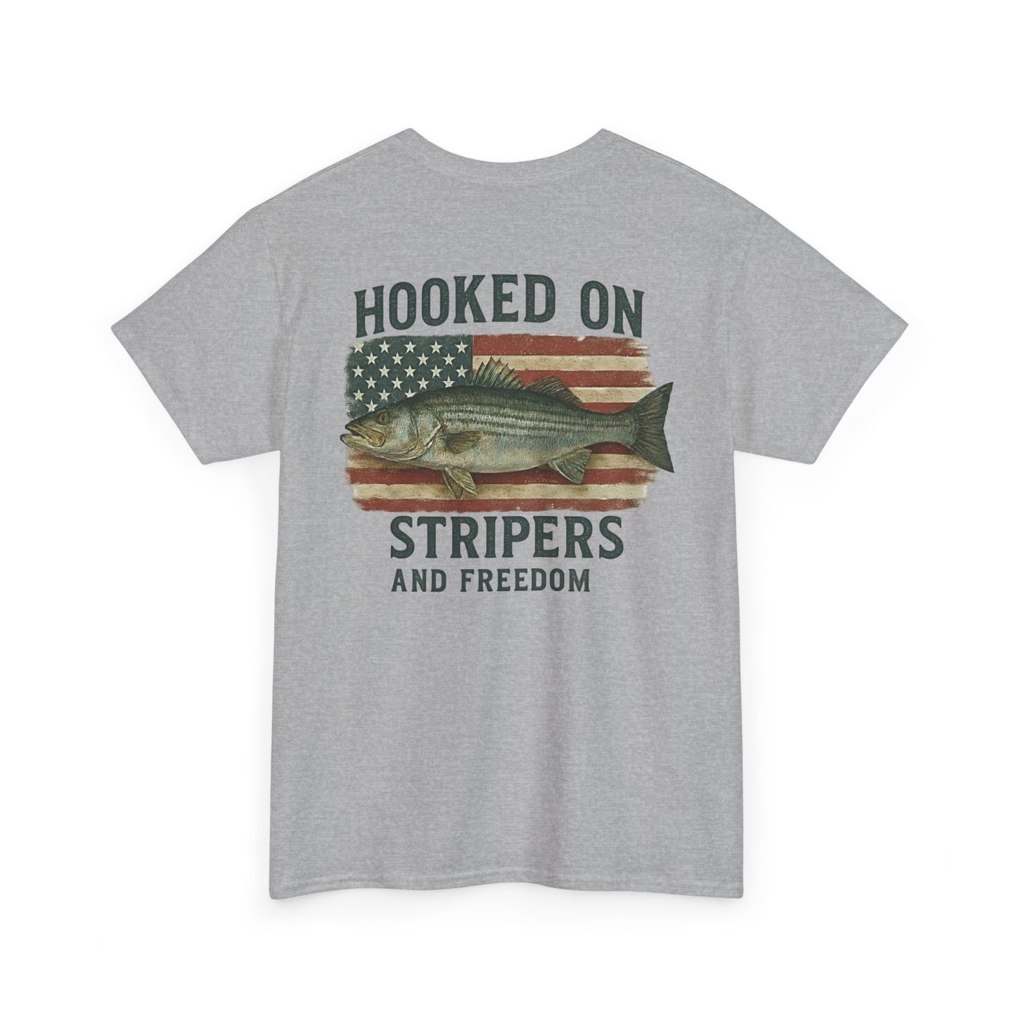 Hooked on Stripers and Freedom – Patriotic Fishing T-Shirt