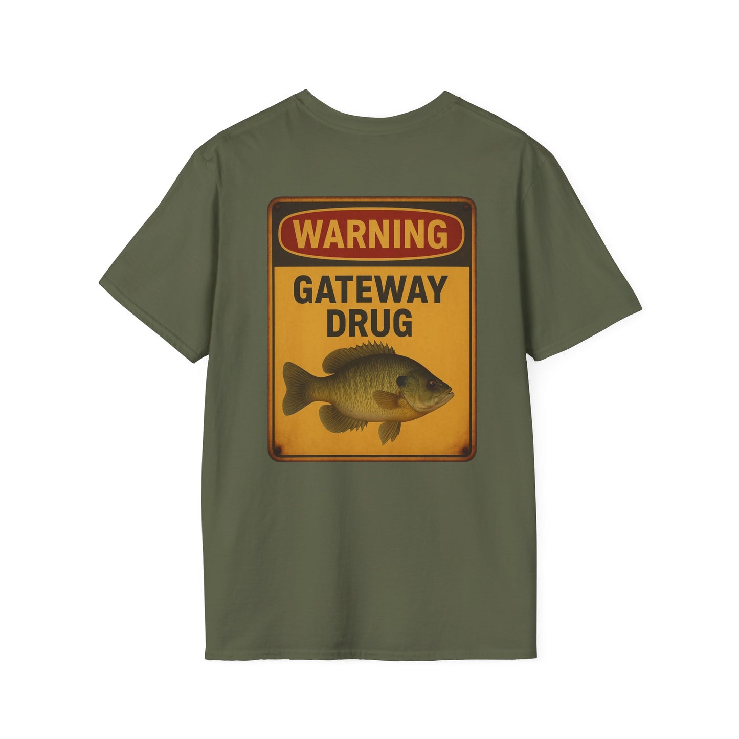 Warning Gateway Drug Fishing T-Shirt – Funny Bluegill Sign Graphic Tee for Anglers