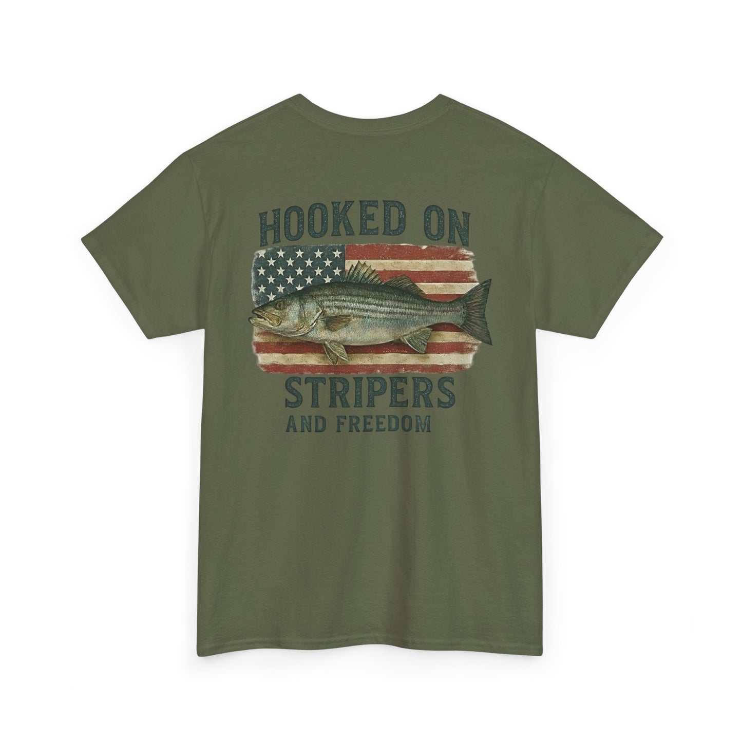 Hooked on Stripers and Freedom – Patriotic Fishing T-Shirt