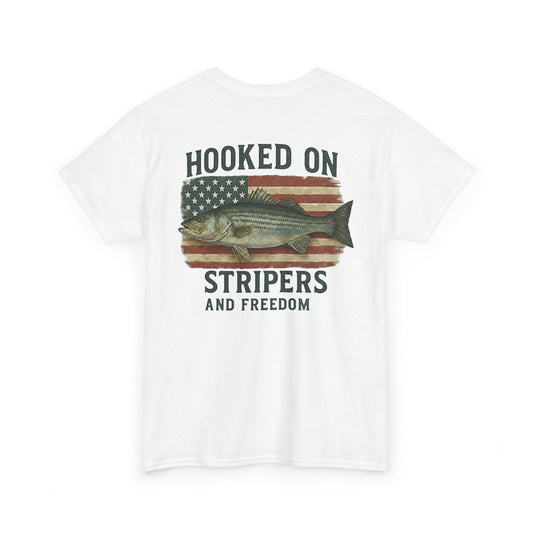 Hooked on Stripers and Freedom – Patriotic Fishing T-Shirt